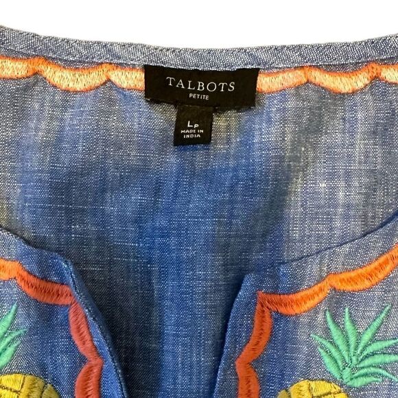 Talbots Black Label Split Neck Embroidered Linen Blend Top Large Petite - Picture 8 of 9